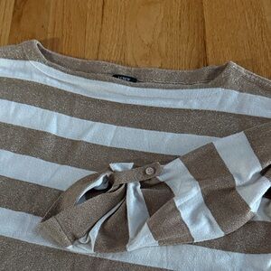 J. CREW Metallic Gold and Cream Striped Wide Neck Top, Rolled Cuffs XS/Small